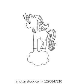 Little unicorn standing on the cloud. Coloring page for children.