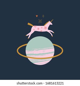 Little unicorn in vector. Magic concept. Funny doodle vector illustration with cosmic pony and planet Saturn.