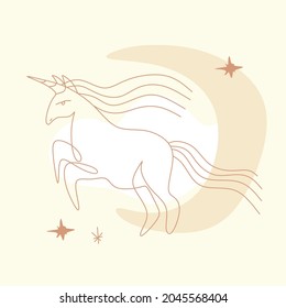 Little unicorn in vector. Magic concept. Cute isolated stylish boho moon unicorn composition. Good night concept. Magical animals. Pastel colors. Pony nursery print. Vector illustration