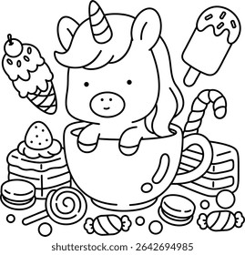 A little unicorn in a world of delicious sweets, easy coloring for kids, vector, illustration, coloring book, coloring page, cozy, cute, bold, comfy