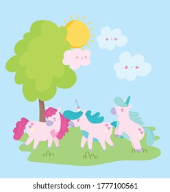 little unicorns clouds sun tree fantasy magic animal cartoon vector illustration