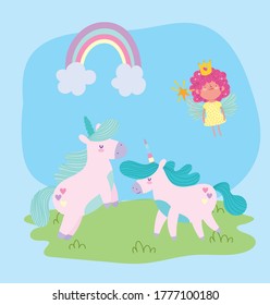 little unicorns flying little fairy with magic wand fantasy tale animal cartoon vector illustration