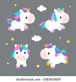 Little unicorns in modern flat style on gray background. Vector illustration.