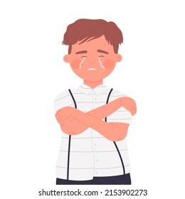Little upset boy crying alone. Loneliness and depression, anxiety problems vector illustration