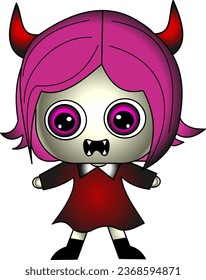 Little vampire devil in red dress and pink hair, girl in halloween costume