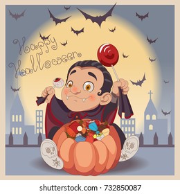 Little vampire kid sitting on a roof at moon night and eating sweets, celebrate Halloween card.