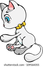 Little vector kitten with yellow bow on white background