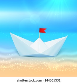 Little vector paper boat in a blue sea, summer concept