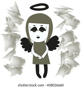 little vector sad angel with wings and halo in dress