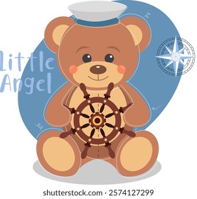 Little vector Teddy Bear with the helm in sailor hat	
