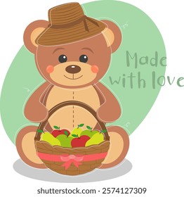 Little vector Teddy Bear is holding a fruit basket in a beautiful hat	
