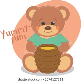 Little vector Teddy Bear with a jug of honey	
