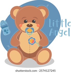 Little vector Teddy Bear with pacifier and rattle on blue background	
