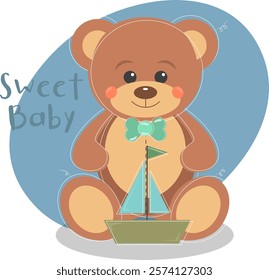 Little vector Teddy Bear with pacifier and rattle on blue background	
