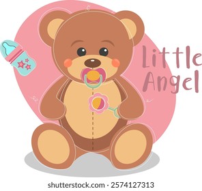 Little vector Teddy Bear with pacifier and rattle on pink background	