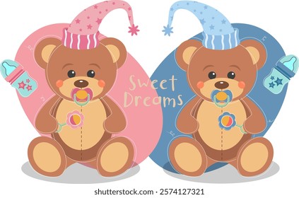 Little vector Teddy Bears with pacifier and rattle on blue and pink background	