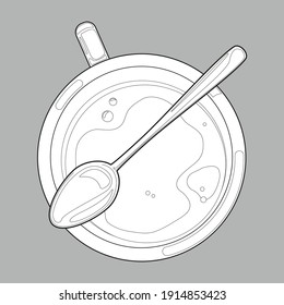 
Pequeño vector taza blanca superior de café con espuma con una cuchara aislada en el fondo oscuro