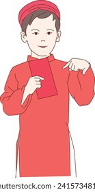 little vietnamese boy holding red envelops, tet holiday lunar, luckymoney