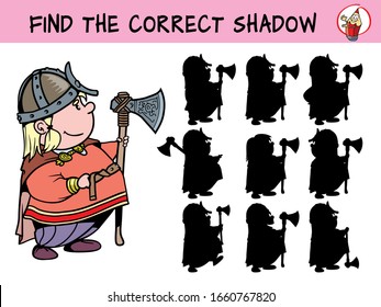 Little viking with big axe. Find the correct shadow. Educational matching game for children. Cartoon vector illustration