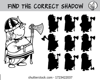 Little viking with big axe. Find the correct shadow. Educational matching game for children. Black and white cartoon vector illustration