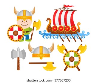 Little Viking Cartoon Illustrations Set