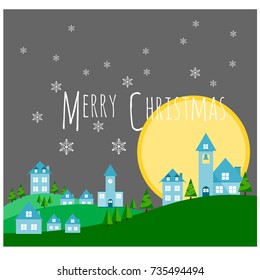 Little village in christmas night with full moon and snowflake