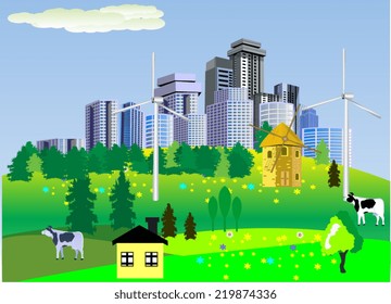 Little village in front of big city  