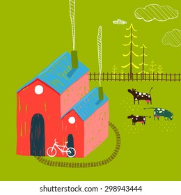 Little Village House Rural Landscape with Forest and Cows on Green. Colored hand drawn sketchy pencil feel illustration of. Countryside landscape with building and a bike.