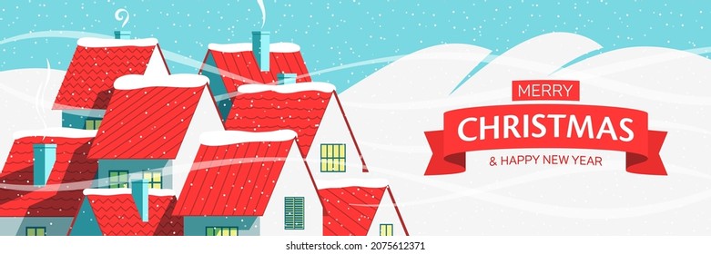 Little village houses with red roofs on a snowy blue background and Merry Christmas greeting text. Dreamy town winter holidays banner, vector illustration.