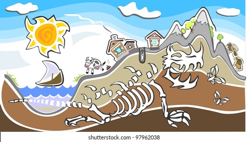 little village living over a giant dinosaur skeleton