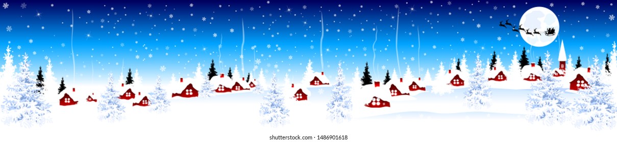 Little village on Christmas Eve on blue winter background. Snow-covered village. Night scene of winter rural landscape on Christmas Eve.                                               