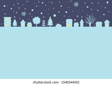 Little village silhouette on indigo blue background.Happy Holidays greeting card.