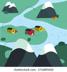 Little village street with small houses trees and mountains before them flat style vector illustration. Residental little estate in countryside far from civilization. Architecture project in landscape