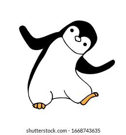 Little walking penguin, hand-drawn style. Line art. Colorful vector illustration.