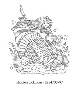Little warrior queen mermaid with big royal orb. Sea princess fish girl. Underwater fairy tale creature. Fantasy coloring page for kids. Cartoon vector illustration. Isolated on white. Outlined art