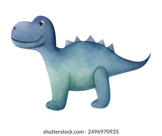 Little watercolor dinosaur. Cute hand drawn dinosaur illustration. Cartoon smiling dinosaur