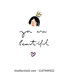 Little watercolor girl faces, types, indivuduality, neon hair. "You are beautiful" lettering card. Vector Illustration, clipart. Isolated on white background.