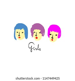 Little watercolor girl faces, types, indivuduality, neon hair. Unique stylish print for posters, cards, mugs, clothes and other. Vector Illustration, clipart. Isolated on white background.