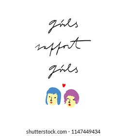 Little watercolor girl faces, types, indivuduality, neon hair. "Girls support girls" lettering card. Vector Illustration, clipart. Isolated on white background.