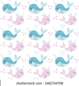 Little whale unicorn, seamless pattern, modern cartoon style. Vector illustration