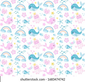 Little whale unicorn, seamless pattern, modern cartoon style. Vector illustration