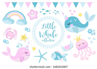 Little whale unicorn set, modern cartoon style. Cute and a fantastic collection for children with sea inhabitants, fish, underwater, jellyfish, crab, rainbow. Vector illustration