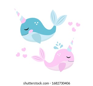 Little whale unicorn set, modern cartoon style. Vector illustration