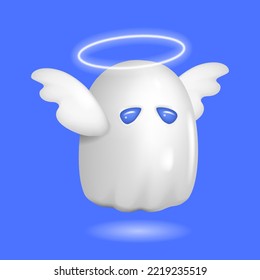 Little white angel with wings and glowing nimbus. 3d realistic cartoon object