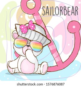 Little white bear sailor cartoon illustration for kids. . Little white bear wearing colorful eyeglasses. White bear with white hat, eyeglasses, and pink anchor