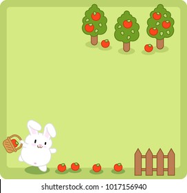 Little white bunny collecting apples near a fence, apple trees in background (blank middle, template for text)