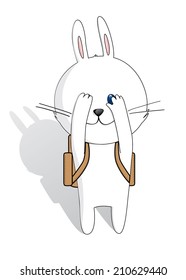 Little white bunny with school bag peeking through hand with one eye