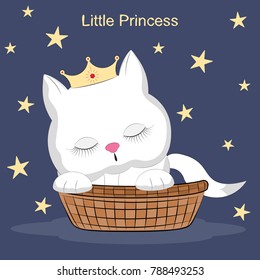 Little white  cat in cradle.  Amusing  sleeping kitty. Picture for t-shirt graphics for kids and other uses. Greeting card.