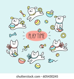 Little white cat and dog are playing with pet toys. Children vector illustration. Set of cute animal characters and graphic elements for kids design in cartoon hand drawn style on white background. 