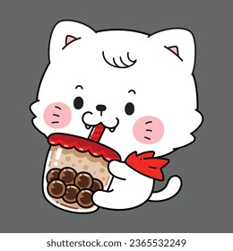 A Little White Cat in Halloween costume is drinking Bubble Milk Tea. Chibi cute style